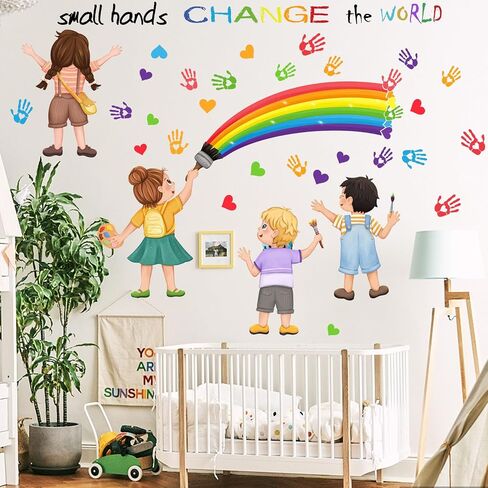2Pcs Rainbow Wall Decals, Wall Stickers for Kids Inspirational Quotes Small Hands Change The World Playroom School Classroom Nursery Preschool Wall Stickers Girls Bedroom Wall Stickers Decor in Saudi Arabia