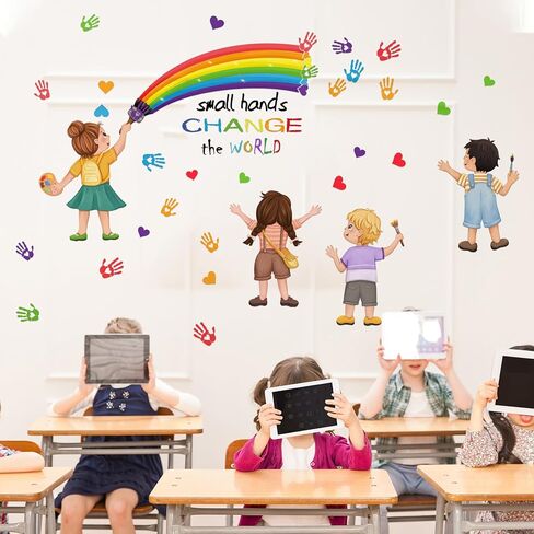 2Pcs Rainbow Wall Decals, Wall Stickers for Kids Inspirational Quotes Small Hands Change The World Playroom School Classroom Nursery Preschool Wall Stickers Girls Bedroom Wall Stickers Decor in Saudi Arabia