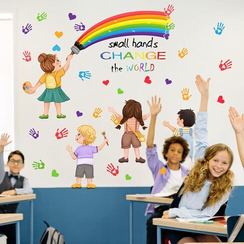 2Pcs Rainbow Wall Decals, Wall Stickers for Kids Inspirational Quotes Small Hands Change The World Playroom School Classroom Nursery Preschool Wall Stickers Girls Bedroom Wall Stickers Decor in Saudi Arabia