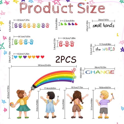 2Pcs Rainbow Wall Decals, Wall Stickers for Kids Inspirational Quotes Small Hands Change The World Playroom School Classroom Nursery Preschool Wall Stickers Girls Bedroom Wall Stickers Decor in Saudi Arabia