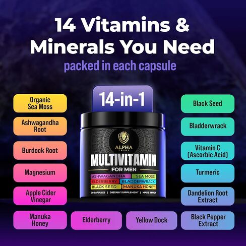 Multivitamin for Men with Sea Moss, Black Seed Oil, Ashwagandha, Turmeric Bladderwrack, Burdock,Vitamin C, Elderberry, Manuka, Yellow Dock | Daily Men's Vitamins and Minerals supplement in Saudi Arabia