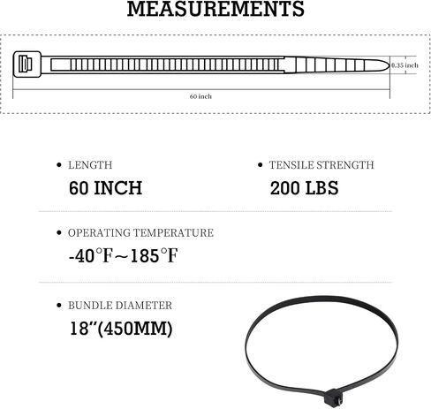 Extra Long Zip Ties Heavy Duty Outdoor, Premium Black 60 inch Large Zip Ties with 200 Pounds Tensile Strength, Ideal for Commercial, Residential, Outdoor Applications, 12 PCS (Black, 60''(Wide-0.35)) in Saudi Arabia