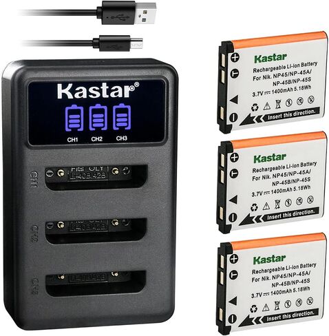 3 عبوات من بطاريات Kastar وشاحن USB ثلاثي LCD متوافق مع Fujifilm FinePix JZ200 JZ250 JZ260 JZ300 JZ305 JZ310 JZ500 JZ505 JZ510 JZ700؛ فينيبيكس L30 L50 L55 L90; فينبيكس T200 T205 T300 T305 T310 in Kuwait