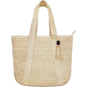 Large Straw Bags For Women Beach Woven Totes Bag with Tassels Summer Shoulder Handbag for Vacation Travel