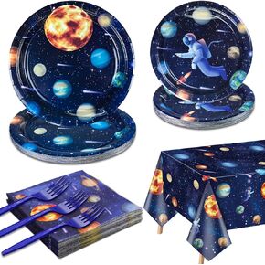Outer Space Party Supplies for 20 Guests, Include Astronaut Planet Paper Plates, Napkins, Forks, Outer Solar System Tablecloth for Kids Birthday Party Solar System Theme Party Decorations