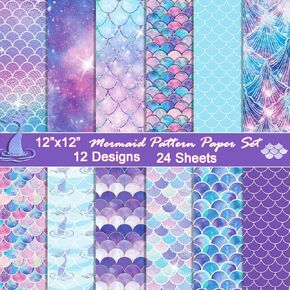 24 Sheets Mermaid Pattern Paper Set, 12"x12" Patterned Cardstock Paper Scrapbooking Supplies Paper Origami Paper for Birthday Theme Party - 12 Styles