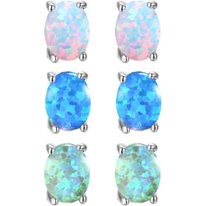 Oval Opal Stud Earrings for Women Girls 3 Pack Set 18K White Gold/Rose Gold Plated White/Blue/Green Opal Earrings Hypoallergenic Cartilage Opal Jewelry for Mother's Day in Saudi Arabia