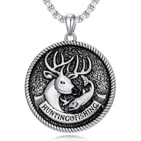 Fish Hook Necklace for Men 925 Sterling Silver Deer Antler Hunting Fish Hook Pendant Jewelry Gifts for Men Husband Father's Day Gift 22+2 inch