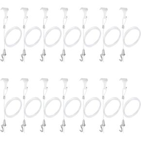 Sturdy Picture Rail Hanging System, 66 lb Max load, 3ft Invisible Clear Wire Loop, White Rail Hook, Wire Rope Stop Sleeve, Adjustable Picture Hanging Wire Hooks Kit, Frames Display (14 Pack)