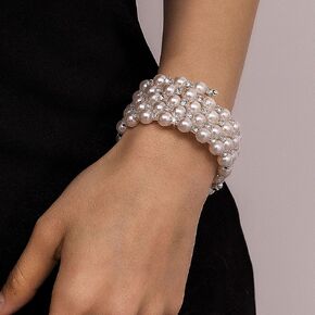 Chargances Ladies 4 Row Layered Pearl Cuff Bracelets Elegant Glitter Rhinestone Stretch Wrist Bracelet Crystal Adjustable Tennis Chain Cuff for Women and Girls Wedding Prom (Style 3)