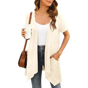 Women Light Cardigan Summer Casual Short Sleeve Open Front Pocketed Cardigans Kimono