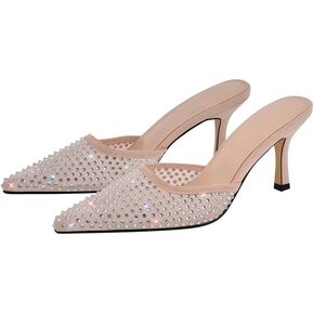 Rhinestone Mesh Kitten Heels for Women Slip On Mules Pointed Toe Pumps