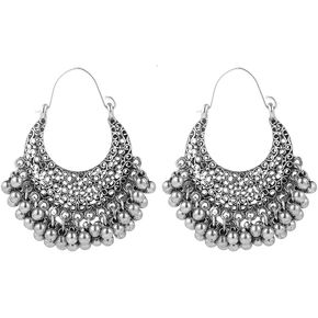 Filigree Crescent Moon Beaded Ball Tassel Dangle Drop Big Hoop Earrings for Women Girls Boho Vintage U Shaped Dangling Lightweight Hypoallergenic Fashion Jewelry Gifts