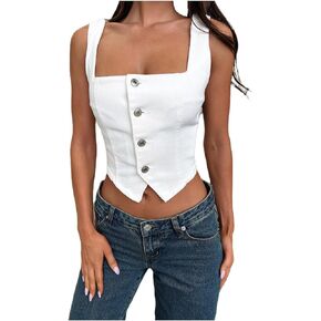 Women Y2K Button Down Denim Vest Summer Sleeveless Crop Top Jean Waistcoat Vest Corset Bustier Streetwear