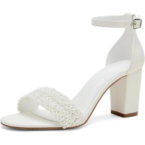 Block Heel Wedding Shoes for Bride Beaded Bridal Heels Wedding Heeled Sandals