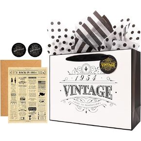 Crisky 13" Large Gift Wrap Bag (Vintage 1955) with Greeting Card Matching Envelope Sticker and Tissue Paper for Women/Wife/Sister/Mom/Aunt/Friends 70th Birthday Gifts
