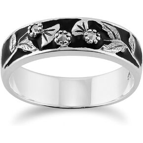 Gemondo Sterling Silver 4.8pt Marcasite & Black Enamel Floral Band Ring