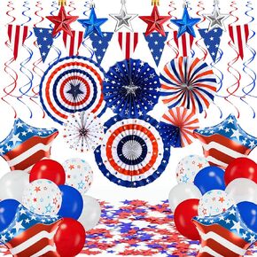 46PCS 4th of July Decorations, Patriotic Party Decorations Set with Red White and Blue Paper Fans, Hanging Streamers, and American Flag Banner for 4th of July Celebrations