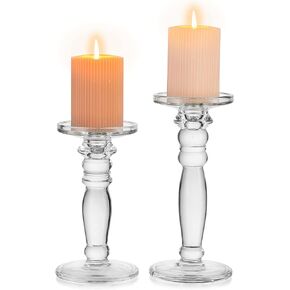 NUPTIO 2 Pcs Glass Candlestick Holders Pillar Candle Holder, Crystal Taper Candle Holder Wedding Decoration Centerpieces for Dining Table, Tapered Candle Holders for Living Room Christmas Halloween