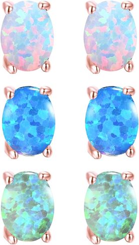 Oval Opal Stud Earrings for Women Girls 3 Pack Set 18K White Gold/Rose Gold Plated White/Blue/Green Opal Earrings Hypoallergenic Cartilage Opal Jewelry for Mother's Day in Saudi Arabia