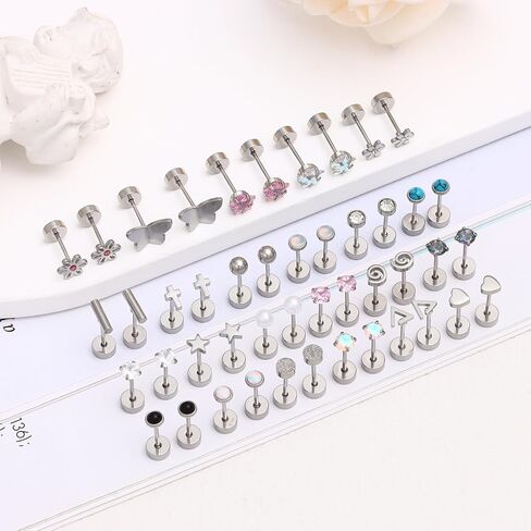 30 زوجًا من الأقراط المسطحة للنساء من التيتانيوم للأذنين الحساسة والقلب أوبال لؤلؤ مكعب زركونيا 20 جرام أقراط مسطحة الظهر لا تسبب الحساسية in Kuwait