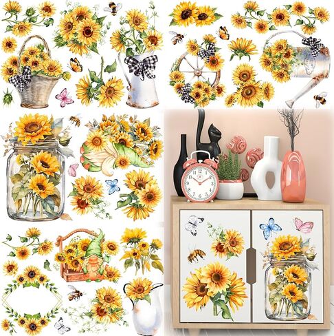 4 Sheets 11.8 x 7.8 inch Sunflower Rub on Transfer for Furniture and Craft Large Vintage Flowers Rub on Transfers Stickers Spring Summer Flowers Decoration Transfers for Furniture Home Wall Decor in Saudi Arabia