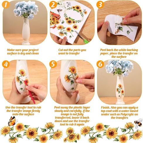 4 Sheets 11.8 x 7.8 inch Sunflower Rub on Transfer for Furniture and Craft Large Vintage Flowers Rub on Transfers Stickers Spring Summer Flowers Decoration Transfers for Furniture Home Wall Decor in Saudi Arabia