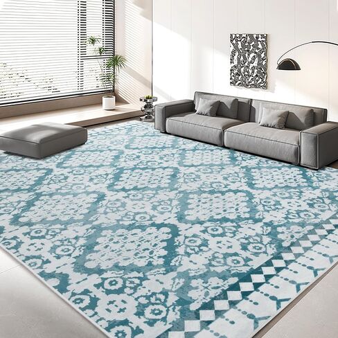 HOMBYS 9x12 ft Moroccan Area Rug for Living Room Bedroom, Large Floral Floor Carpet with Non-Slip Backing for Indoor Office Dining Room, Traditional Tribal Farmhouse Home Deco, Blue, Machine Washable in Saudi Arabia