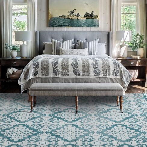 HOMBYS 9x12 ft Moroccan Area Rug for Living Room Bedroom, Large Floral Floor Carpet with Non-Slip Backing for Indoor Office Dining Room, Traditional Tribal Farmhouse Home Deco, Blue, Machine Washable in Saudi Arabia