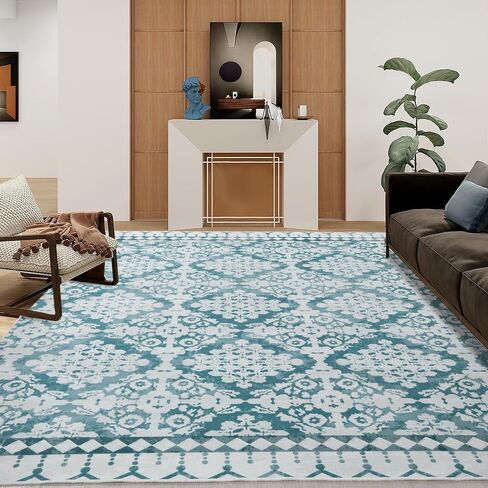 HOMBYS 9x12 ft Moroccan Area Rug for Living Room Bedroom, Large Floral Floor Carpet with Non-Slip Backing for Indoor Office Dining Room, Traditional Tribal Farmhouse Home Deco, Blue, Machine Washable in Saudi Arabia