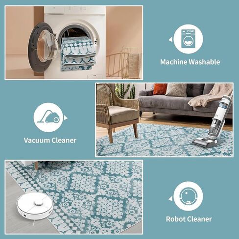 HOMBYS 9x12 ft Moroccan Area Rug for Living Room Bedroom, Large Floral Floor Carpet with Non-Slip Backing for Indoor Office Dining Room, Traditional Tribal Farmhouse Home Deco, Blue, Machine Washable in Saudi Arabia