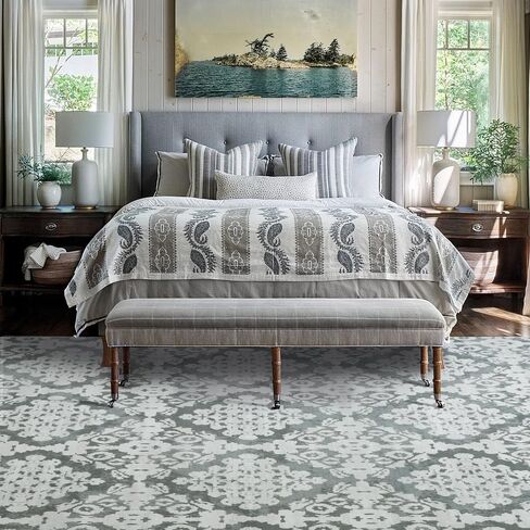 HOMBYS 9x12 ft Moroccan Area Rug for Living Room Bedroom, Large Floral Floor Carpet with Non-Slip Backing for Indoor Office Dining Room, Traditional Tribal Farmhouse Home Deco, Blue, Machine Washable in Saudi Arabia
