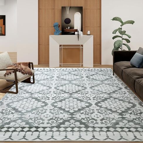 HOMBYS 9x12 ft Moroccan Area Rug for Living Room Bedroom, Large Floral Floor Carpet with Non-Slip Backing for Indoor Office Dining Room, Traditional Tribal Farmhouse Home Deco, Blue, Machine Washable in Saudi Arabia