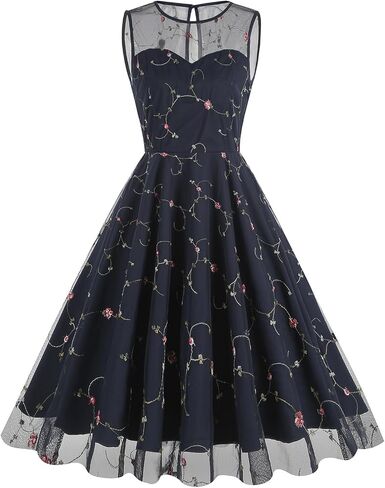 Women's Vintage 1950s Floral Embroidery Dress Sleeveless Mesh Cocktail Wedding Evening Party Prom Swing Dress in Saudi Arabia