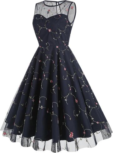 Women's Vintage 1950s Floral Embroidery Dress Sleeveless Mesh Cocktail Wedding Evening Party Prom Swing Dress in Saudi Arabia