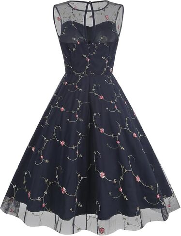 Women's Vintage 1950s Floral Embroidery Dress Sleeveless Mesh Cocktail Wedding Evening Party Prom Swing Dress in Saudi Arabia
