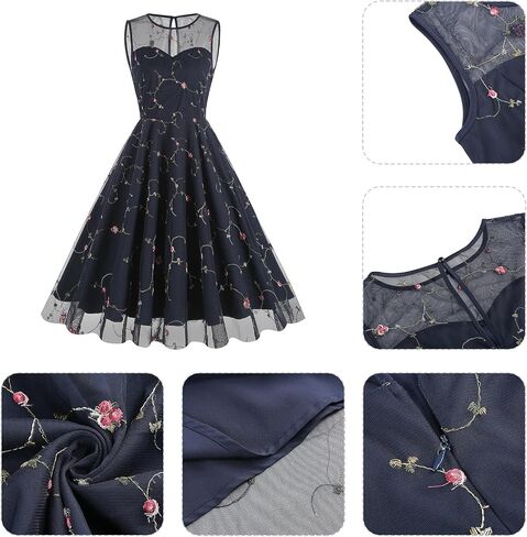 Women's Vintage 1950s Floral Embroidery Dress Sleeveless Mesh Cocktail Wedding Evening Party Prom Swing Dress in Saudi Arabia