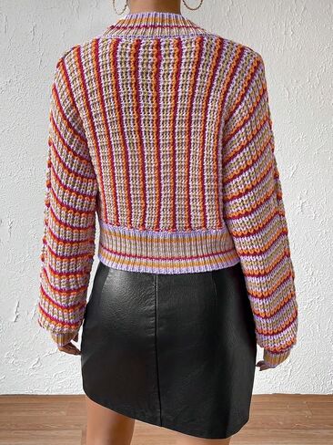 SHENHE Women's Crochet Striped Button Front V Neck Drop Shoulder Loose Cardigan in Saudi Arabia