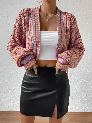 SHENHE Women's Crochet Striped Button Front V Neck Drop Shoulder Loose Cardigan in Saudi Arabia