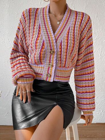 SHENHE Women's Crochet Striped Button Front V Neck Drop Shoulder Loose Cardigan in Saudi Arabia