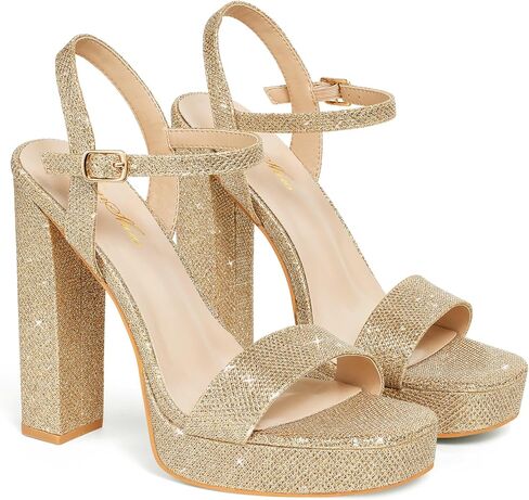 GENSHUO Platform 5 inch High Heels for Women Block Chunky High Heeled Sandals Square Open Toe Ankle Strap Glitter Sexy Shoes for Wedding Party Prom Dance in Saudi Arabia
