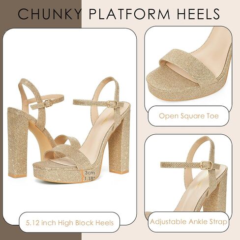 GENSHUO Platform 5 inch High Heels for Women Block Chunky High Heeled Sandals Square Open Toe Ankle Strap Glitter Sexy Shoes for Wedding Party Prom Dance in Saudi Arabia
