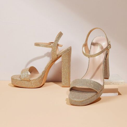 GENSHUO Platform 5 inch High Heels for Women Block Chunky High Heeled Sandals Square Open Toe Ankle Strap Glitter Sexy Shoes for Wedding Party Prom Dance in Saudi Arabia