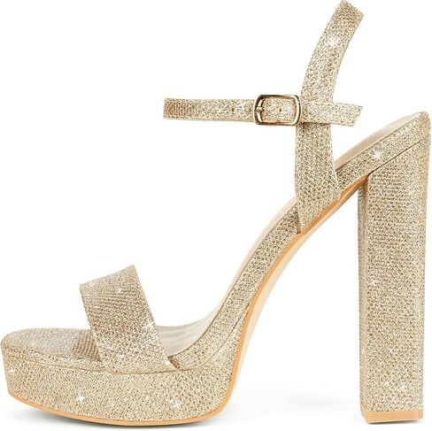 GENSHUO Platform 5 inch High Heels for Women Block Chunky High Heeled Sandals Square Open Toe Ankle Strap Glitter Sexy Shoes for Wedding Party Prom Dance in Saudi Arabia