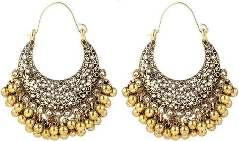 Filigree Crescent Moon Beaded Ball Tassel Dangle Drop Big Hoop Earrings for Women Girls Boho Vintage U Shaped Dangling Lightweight Hypoallergenic Fashion Jewelry Gifts in Saudi Arabia