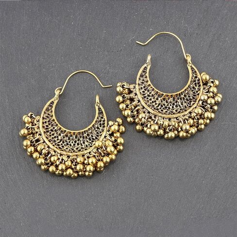 Filigree Crescent Moon Beaded Ball Tassel Dangle Drop Big Hoop Earrings for Women Girls Boho Vintage U Shaped Dangling Lightweight Hypoallergenic Fashion Jewelry Gifts in Saudi Arabia
