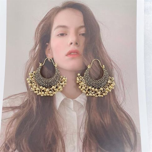 Filigree Crescent Moon Beaded Ball Tassel Dangle Drop Big Hoop Earrings for Women Girls Boho Vintage U Shaped Dangling Lightweight Hypoallergenic Fashion Jewelry Gifts in Saudi Arabia