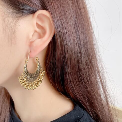Filigree Crescent Moon Beaded Ball Tassel Dangle Drop Big Hoop Earrings for Women Girls Boho Vintage U Shaped Dangling Lightweight Hypoallergenic Fashion Jewelry Gifts in Saudi Arabia