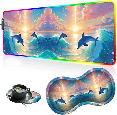 RGB Large Gaming LED Light Edge Mouse Pad + Wrist Rest + Coaster, Non-Slip Extended Waterproof Desk Mat with Stitched Edges 31.5"x11.8" for Work and Gaming, Dolphins in The Moonlight in Kuwait