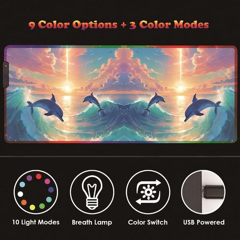 RGB Large Gaming LED Light Edge Mouse Pad + Wrist Rest + Coaster, Non-Slip Extended Waterproof Desk Mat with Stitched Edges 31.5"x11.8" for Work and Gaming, Dolphins in The Moonlight in Kuwait